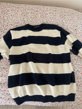 Brandy Melville Navy and Cream Striped Knit Sweater